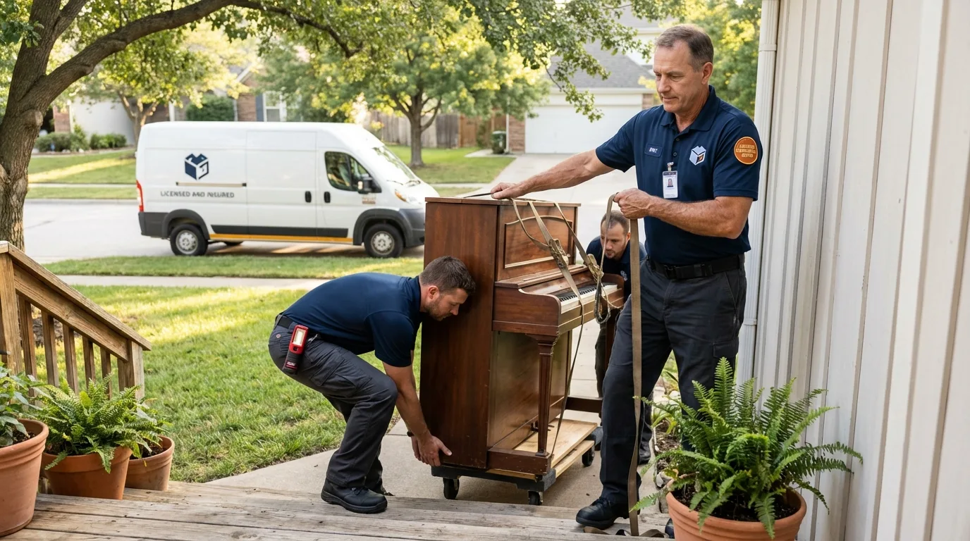 Licensed piano movers securing grand piano in Hanahan, SC