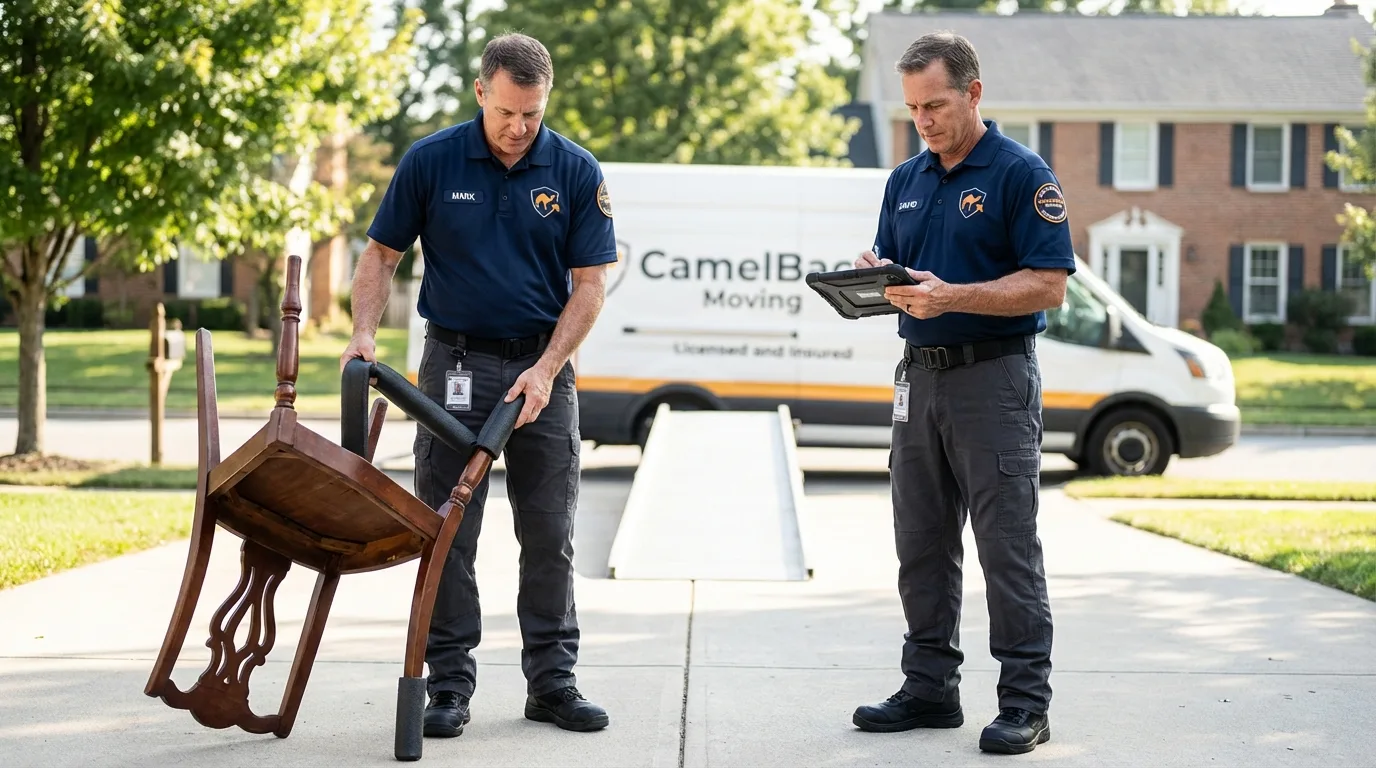 Movers inspecting furniture for damage prevention before loading in Hanahan, SC